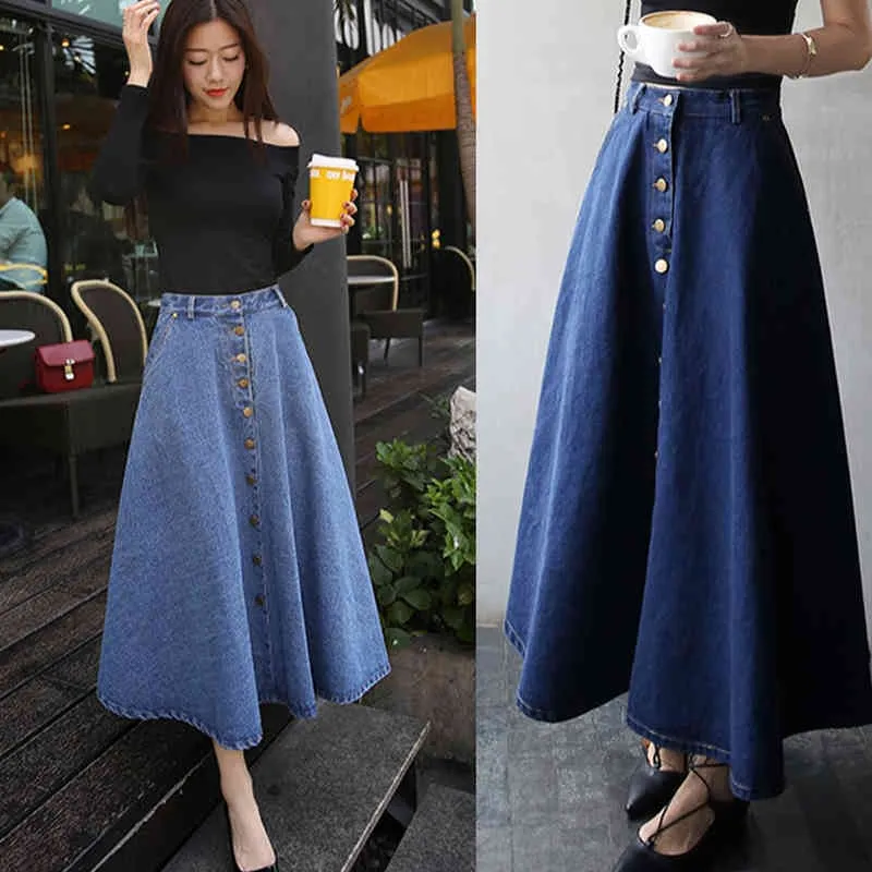 1long Dżinsowy spódnica dla kobiet Wysoka talia Linia Plised Long S Spring Vintage Single-Breasted Harajuku 210514