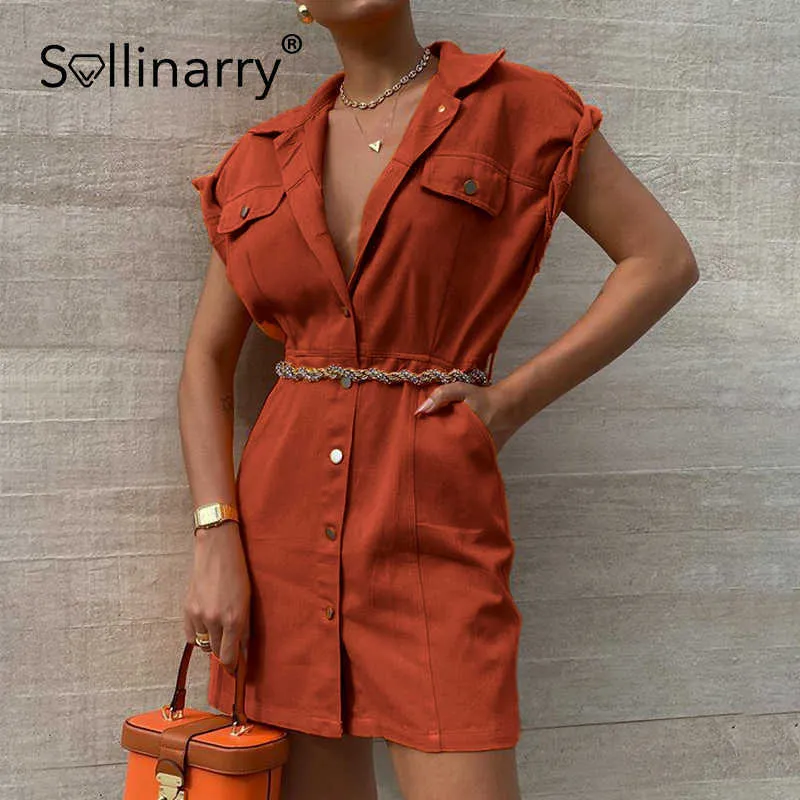 Sollinarryソリッドボタンシャツドレス女性ポケットカジュアルレースアップ女性のドレス半袖コットンベチドオフィス夏服210709