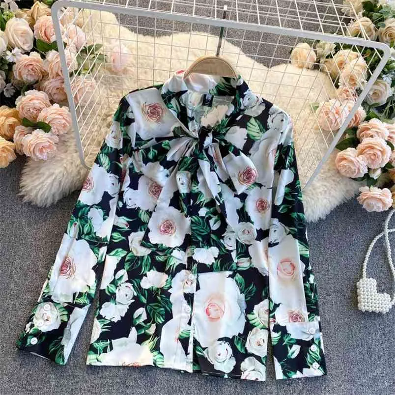 Spring Autumn Blouse Rose Printed Shirt Women Lace-up Bowknot Stand Collar Loose All-match Top Female Blusa UK984 210506