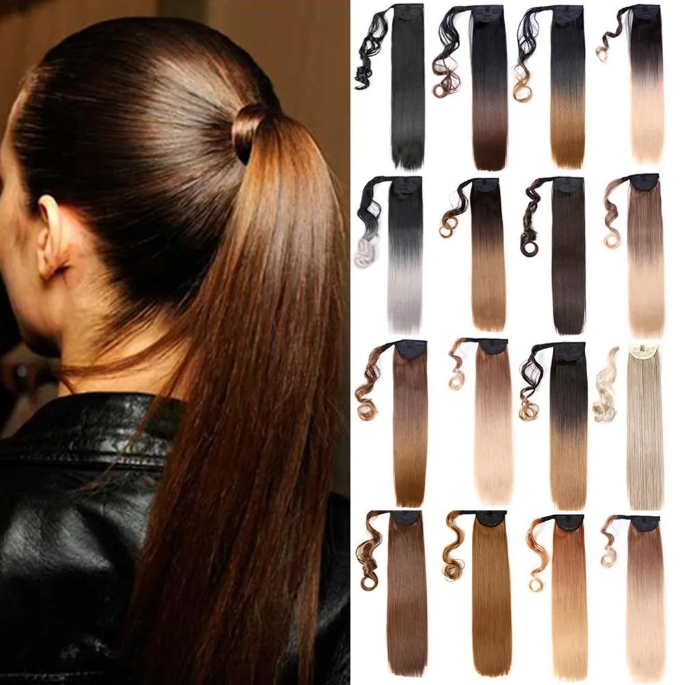 Mtmei Long Straight Clip in Extensions Wrap Around Synthetic Ponytail Fake Hair For Women Pony Tail Blonde