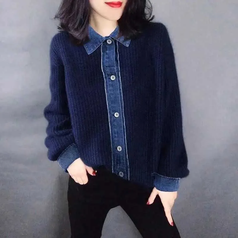 Sueters De Mujer Sonbahar Kış Giysileri Tembel Retro Patchwork Sahte İki Adet Denim Hırka Ceket Örme Kazak Jumpers Çekin 210610