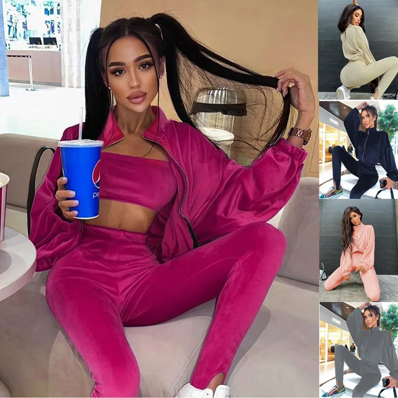 Kvinnor Solid Velvet Tracksuits Fashion Trend Zipper Jacka och Tube Top Pants Outfits Designer Kvinna Vinter Velvet Slim 3 Piece Pant Sets