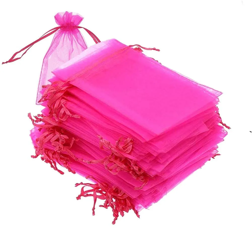 Bags Organza, 4x6 polegadas (10x15cm) Sheer Drawstring Sacos de Presente, Quente Pink Organza Jewelry Bolsas, Festa de Casamento Favor Bolsas, Jóias, Cosmi