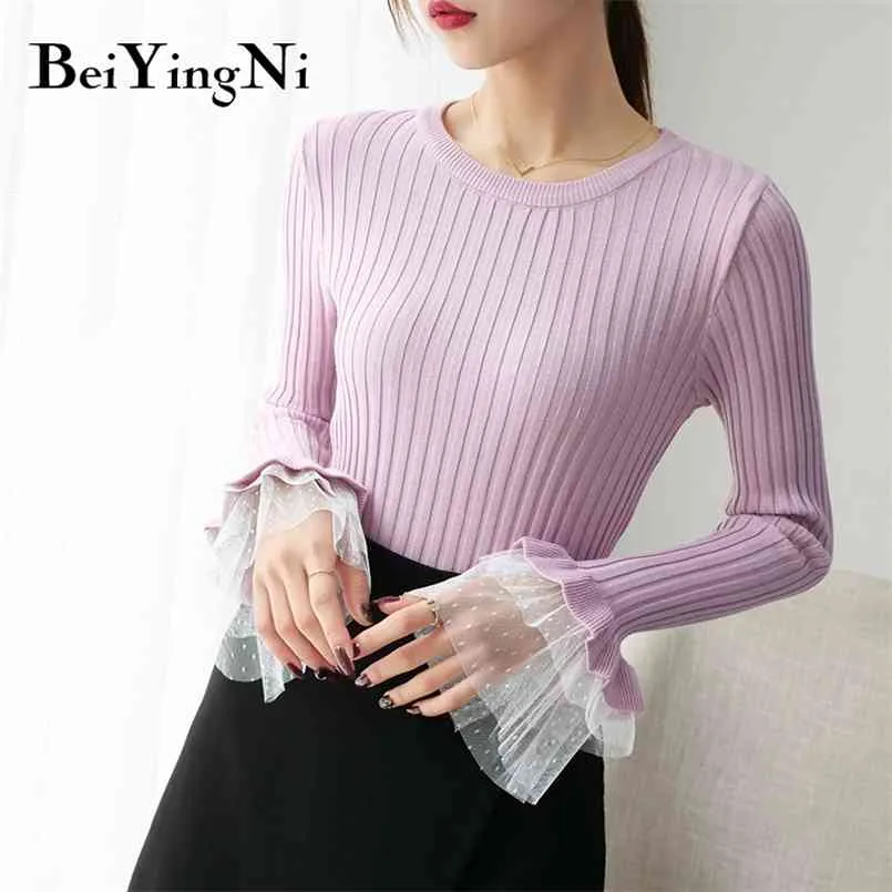 Automne Hiver Femmes Pull O-Cou Flare Manches Dentelle Patchwork Slim Tops Tricotés Kawaii Pulls Lady Vêtements 210506