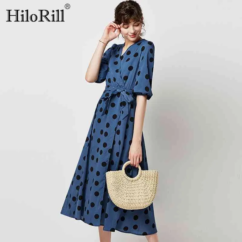 Vintage polka dot jurken voor vrouwen lantaarn halve mouwen v-hals partij midi casual sjerpen elegante lange 210508