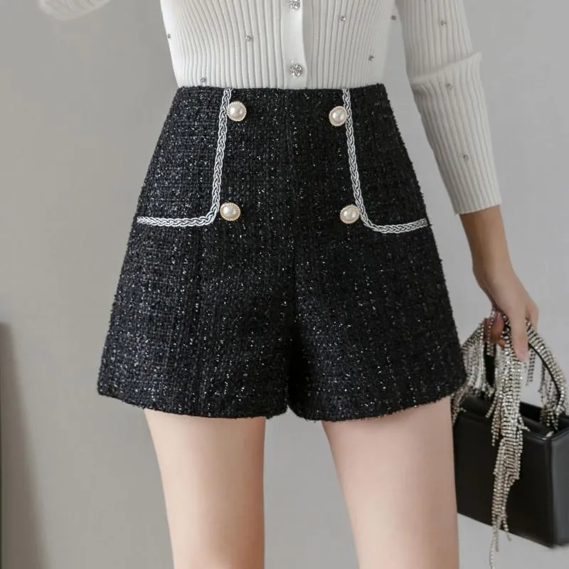 Kvinnors Shorts Elegant Tweed Fashion High Waist Vit Svart Kvinna Dubbel Breasted Koreansk Bright-Silk Plaid Ladies Casual