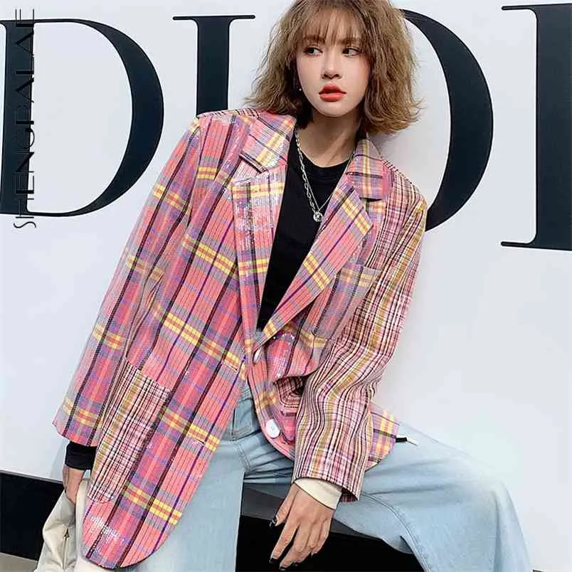 Temperament Pink Plaid Blazer Women's Spring Notched Loose Single Breasted Sequin Long Sleeve Suit Coat 210427