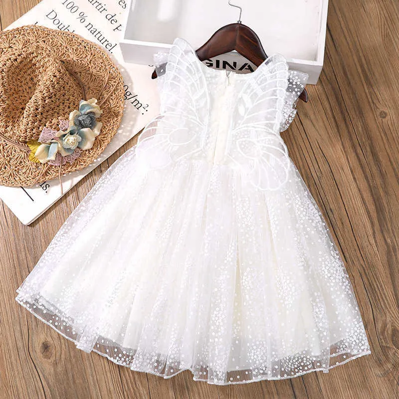 White Girls Butterfly Dress for Kids Lovely Children Lace Tulle with Wings Fashion Ins Clothing 210529