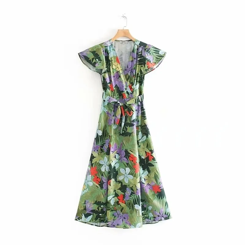 Kvinnor Tropiska Blad Floral Print Sashes Lång Klänning Ladies Chic Cross V Hals Holiday Vestidos Casual Beach Dresses DS2379 210420