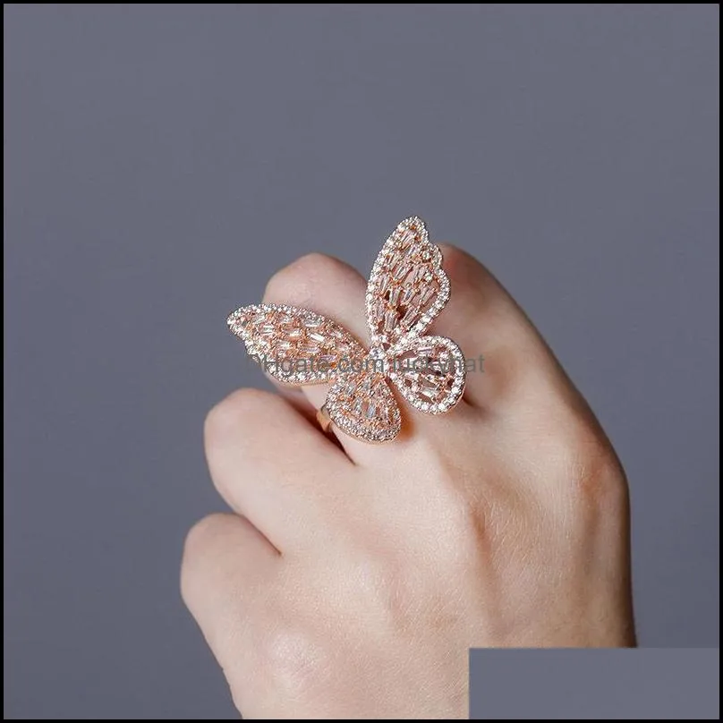 Butterfly Rings Luxury Bling Zircon Women Rings Fashion Adjustable Gold Silver Color Hollow Out Butterfly Hip Hop Rings