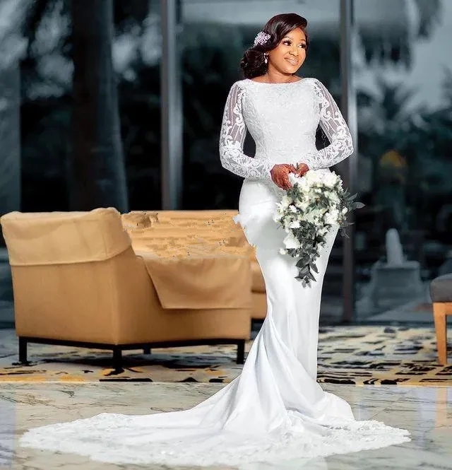 Arabic Lace Plus White Aso Ebi Mermaid Wedding Gown with Beaded Long Sleeves and Covered Buttons Back - African Bridal Party White prom dress (Size Arabic Lace Plus White Aso Ebi Mermaid Wedding Gown with Beaded Long Sleeves and Covered Buttons Back - African Bridal Party White prom dress (Size