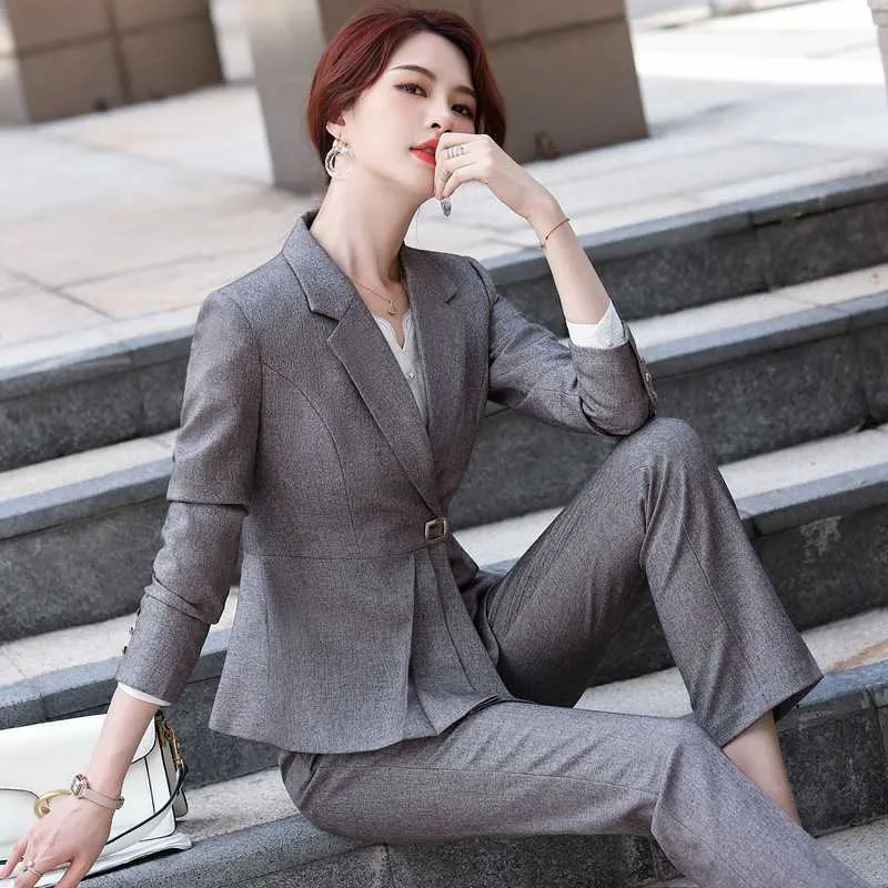 Autumn and Winter Professional Women's Fashion Gray Suit Workwear Ladies  Business Formal Wear Work Clothes Interview Elegant 210527