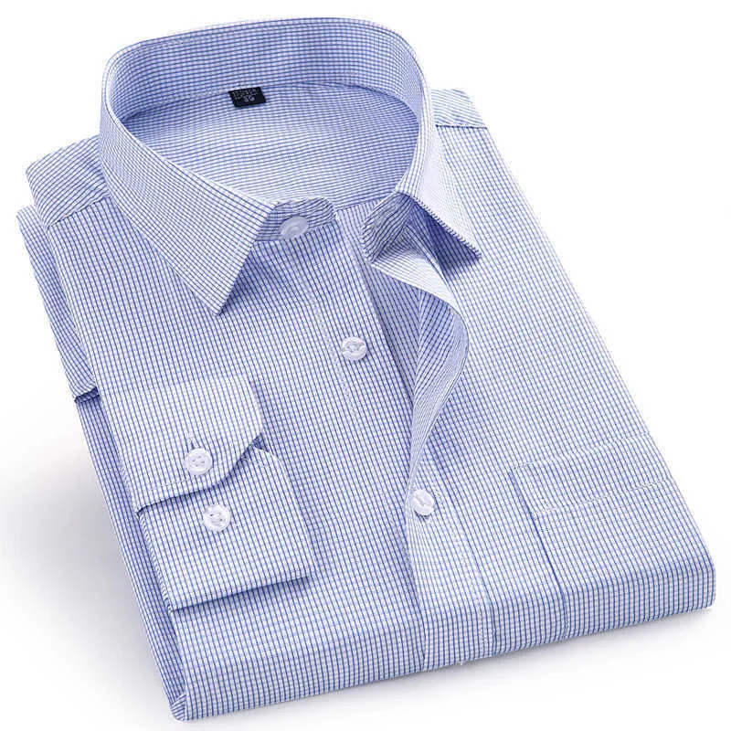 高品質の男性のドレスカジュアルな格子縞のストライプ長袖シャツ男性の通常のフィットブルーパープル4xl 5xl 6xl 7xl 8xlプラスサイズのシャツ210628