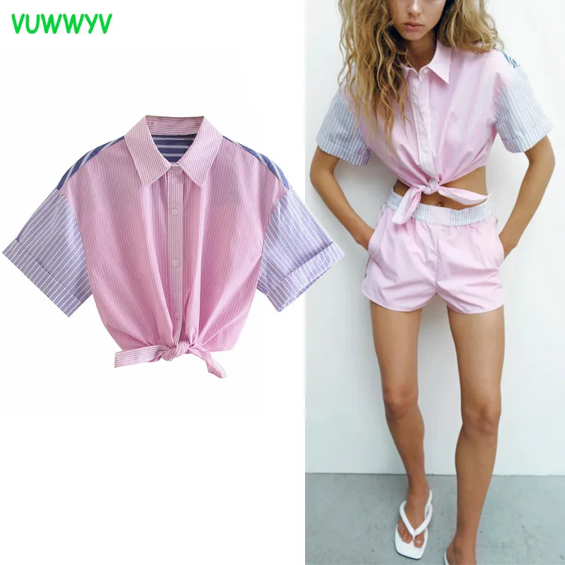 Verão rosa faixa poplin mulher camisas moda streetwear colheita tops mulheres button de manga curta para cima camisa de colarinho nó bainha 210430
