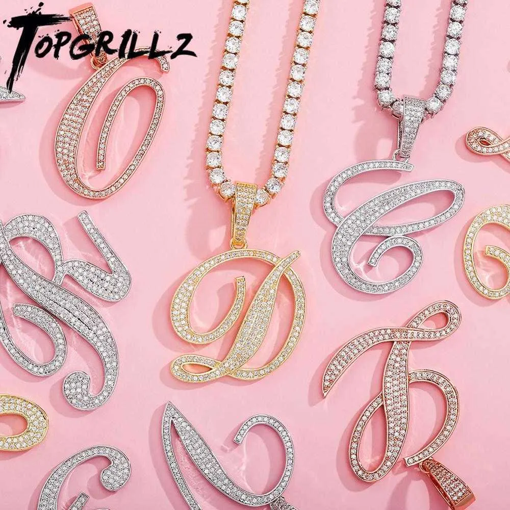 TOPGRILLZ 2020 NIEUWE A-Z GROTER SIZE cursieve letters Naam Hanger Iced Out Cubic Zirconia met Tennis Ketting Hip Hop Sieraden Gift X0707