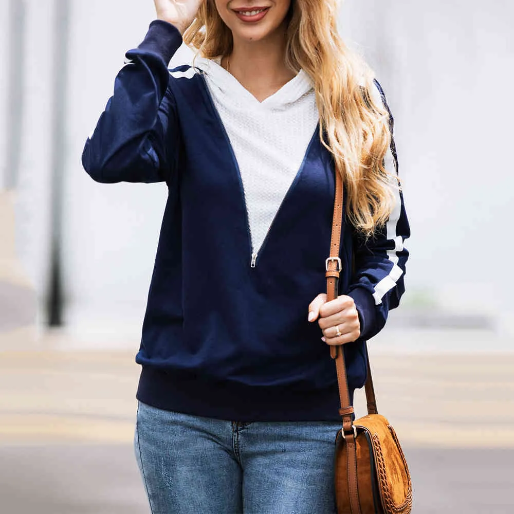 Gestreepte Rits Typle V Losse Hoodies Dames Herfst Winter Streetwear Kleding Vrouwelijke Sweatshirt Hooded Lange Mouwen Groen Dark Blauw 210507