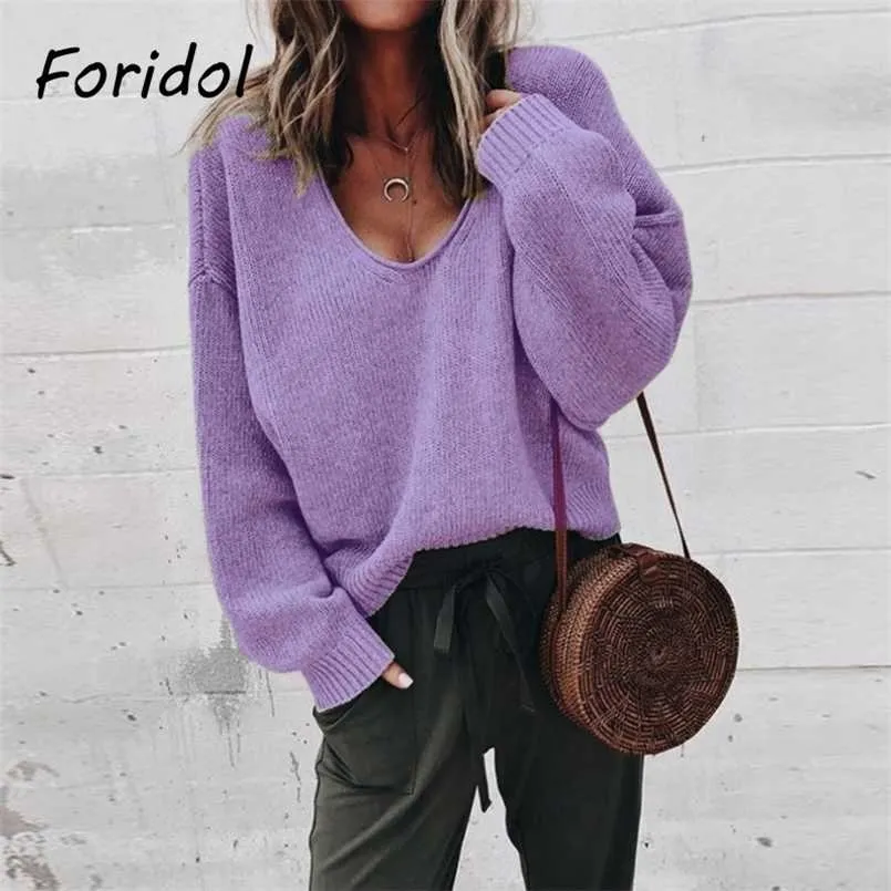 Foridol Sólida Roxo Pullovers Camisola Feminino Casual Sweater Oversized Mulheres Outono Inverno De Malha Jumper Tops Outfits 211103