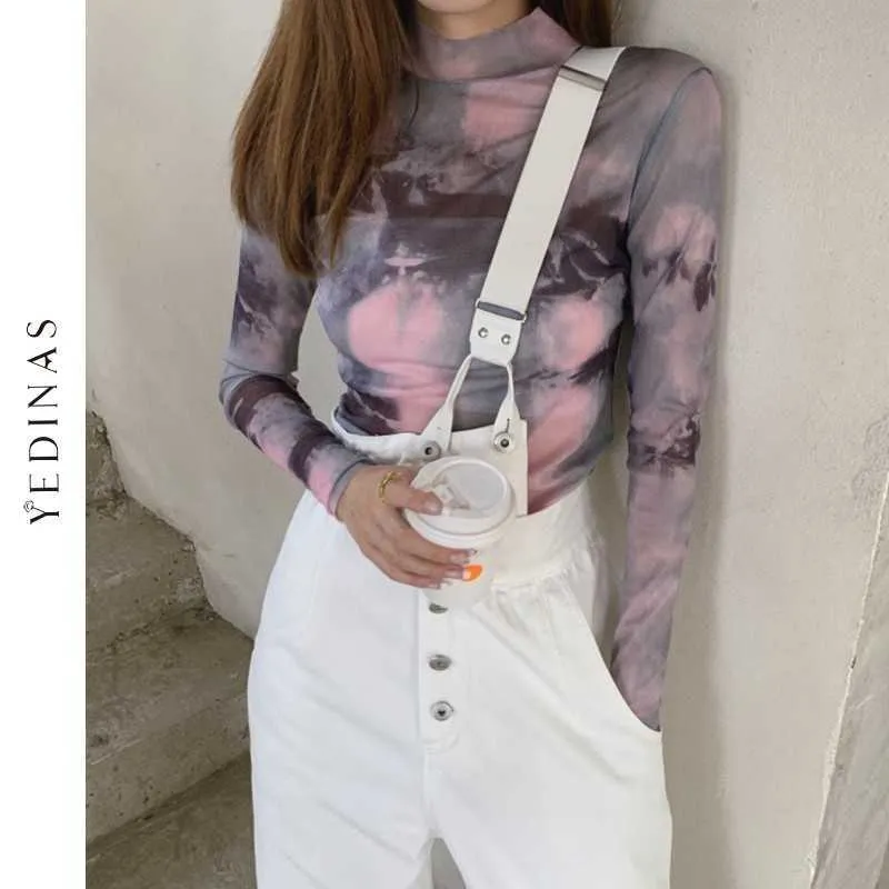 Yedinas Tie Dye E Tjej Rosa Mesh Top Långärmad T-shirt Kvinnor Turtleneck Tillbaka Zipper Se genom Tshirt Y2K Estetisk Tee 210527