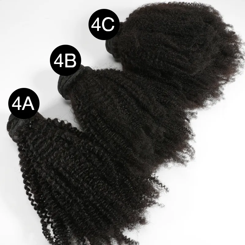 Prêt à expédier 100% non transformés Nouvelle Arrivée Naturel Doux Indien Remy Vierge Cheveux Humains 4A 4B 4C Afro Crépus Droit Bouclés Trame Weave Piece Extensions de Cheveux Faisceaux
