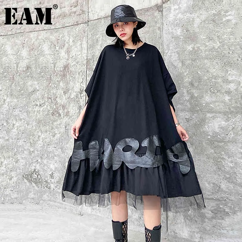 [EAM] Women Black Mesh Letter Big Size Dress Round Neck Half Sleeve Loose Fit Fashion Spring Summer 1DD6141 210512