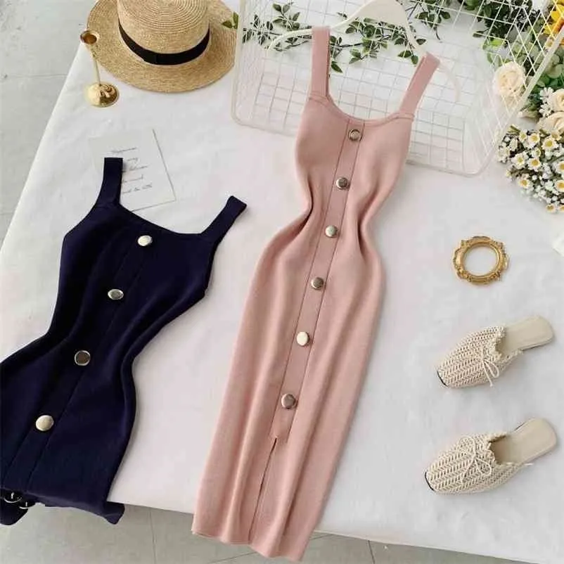 Summer Pink/Red/White/Black Women Knitted Dress Vintage High Waist Button Single-breasted Slim Casual For Female 210426