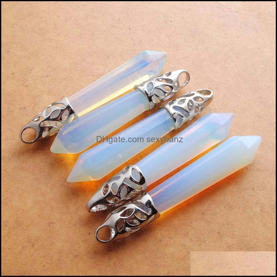 WOJIAER 10Pcs Hexagonal Prisms Pointed Pendant Reiki Chakra Natural Stone White Opal Women Men Jewelry Spain Girl Gift DN3006