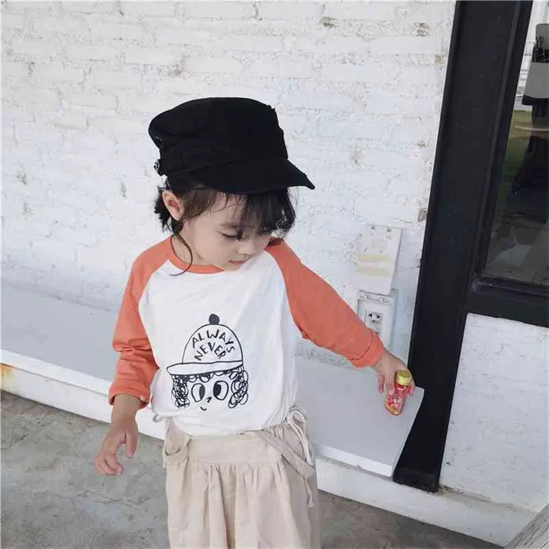 Lente aankomst puur katoen cartoon raglan mouw casual t-shirts voor kinderen schattige meisjes all-match losse tees tops kleding 210708