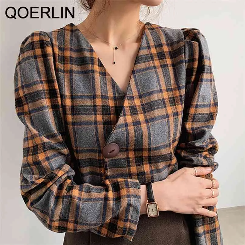 3XL женская элегантная блузка плюс размер винтажный сексуальный V-образным вырезом к клетчатую крышку верхние рубашки одна кнопка куртка шорты 210601