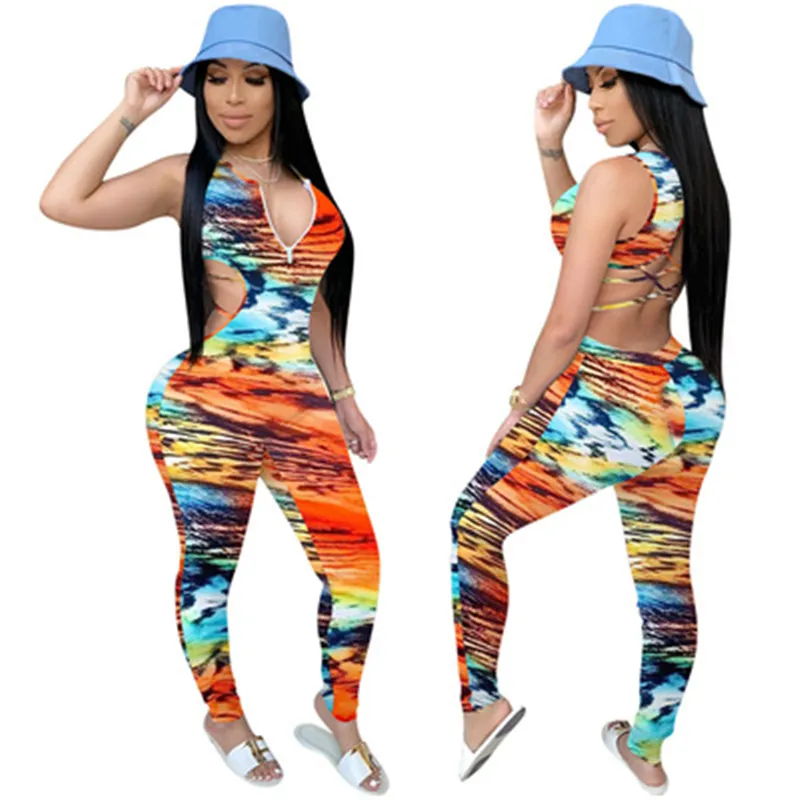 Mujeres Sexy Creative Slim Monos Tendencia de la moda Cuello en V profundo Sin espalda Flaco Sin mangas Mamelucos Diseñador Verano Mujer Pantalón siamés con cremallera