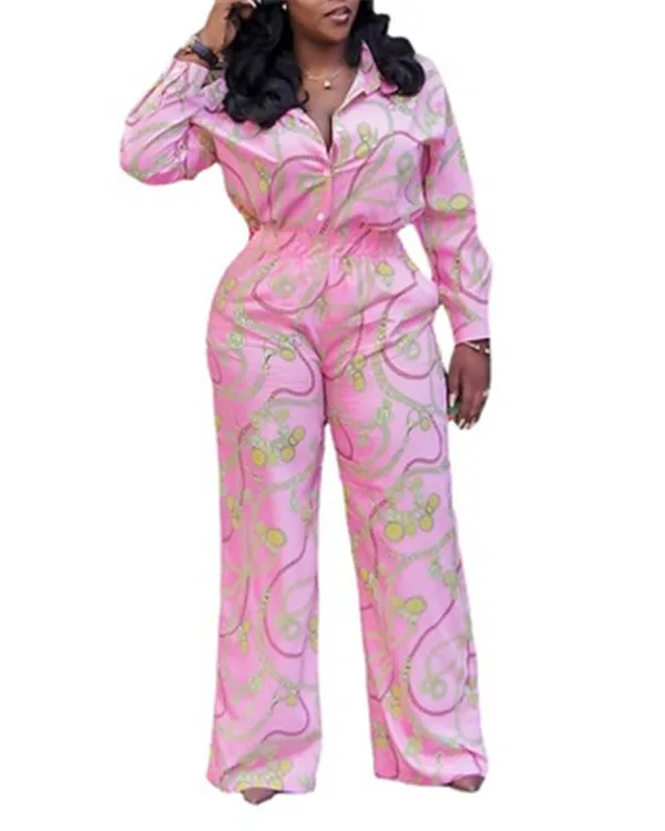 4XL 5XL Plus Size Jumpsuits and Rompers For Women Large Pink Printed Single Breasted Full Sleeve High Waist Elegant Jumpsuit