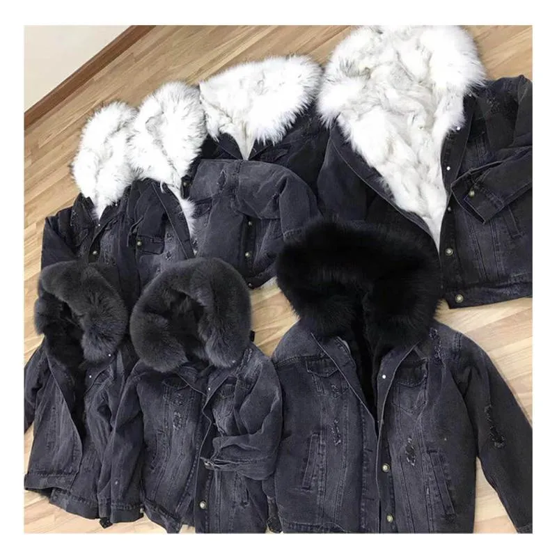 Frauen Pelz Faux Echt Gefüttert Winter Parka Hohe Qualität Dicke Warme Mit Kapuze Denim Pelzigen Mantel 2021 Graben Fuzzy Jean jacken Für Damen