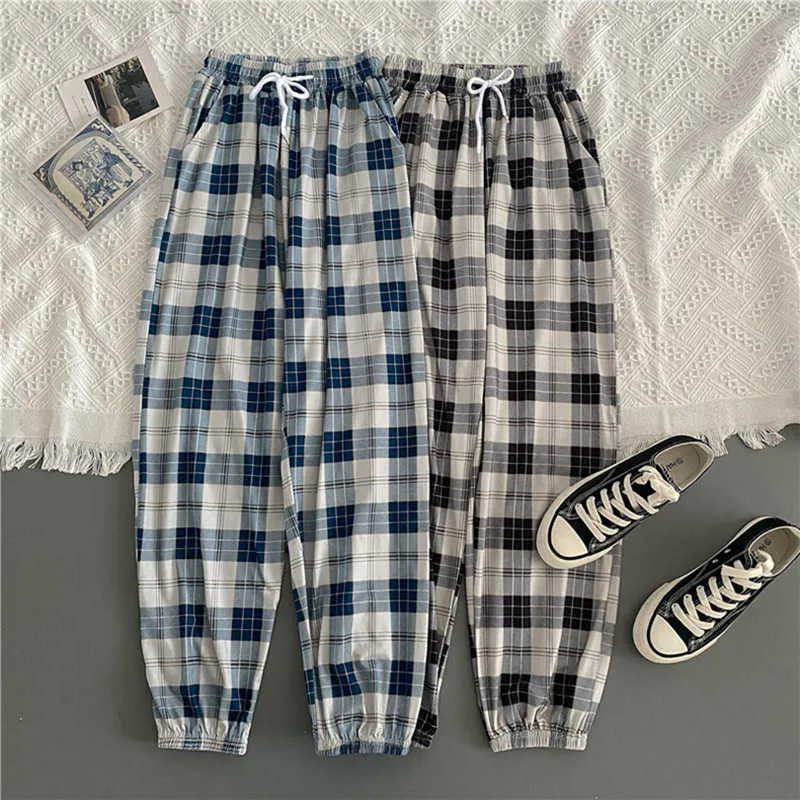 Net red high-waist plaid pants female loose and thin students age-reducing foreign style port style super hot nine-point beam pa Q0801