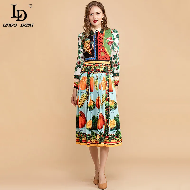 Vintage Long Sleeve Midi Dress Women Multicolor Fruits Vegetables Print  Polyester Mid-Calf Length from Dhgate Basic & Casual Dresses - price 138.93