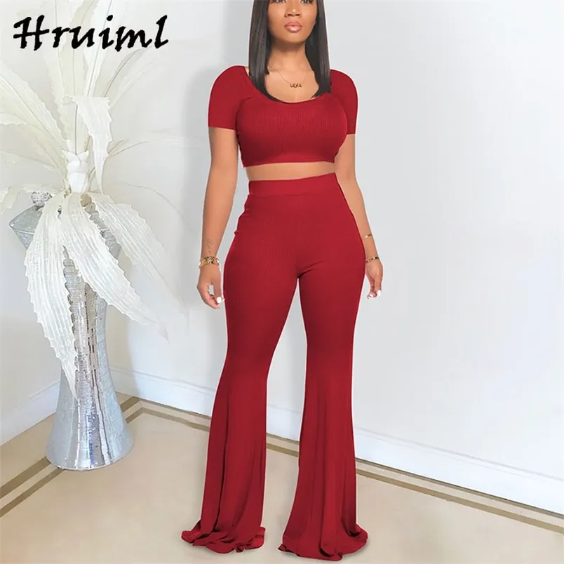 Survêtement Femmes Ensembles Plus Taille Costume Deux Pièces Été Solide À Manches Courtes Crop Top Et Pantalon Flare Ensemble Tenue Vêtements Pour Femmes 210513