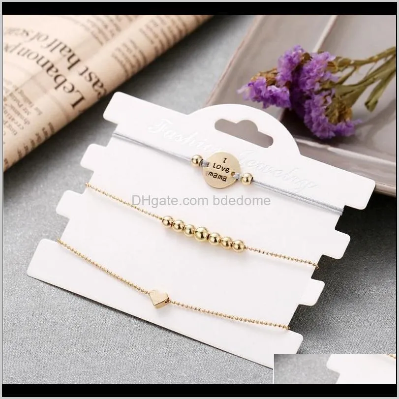 bracelets set 3pcs package bead heart round disc accessory carving i love mama rope bead chain gold color plated