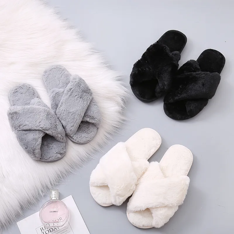 Womens Faux Fur Crossed Indoor Fuzzy Flip Flop Slippers Warm House