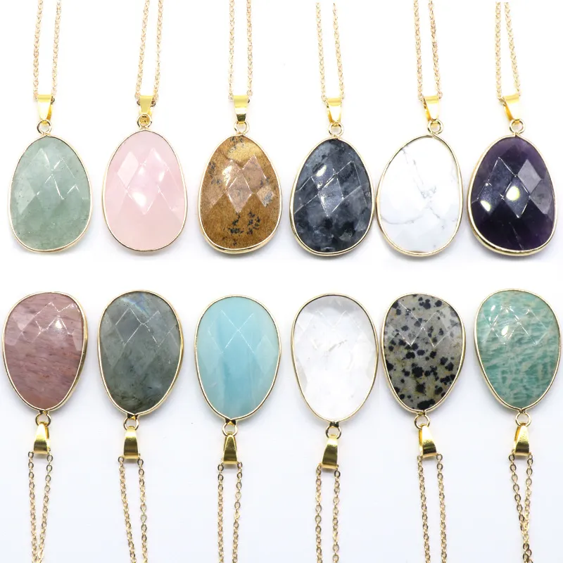 Natürlicher Quarz Stein Anhänger Halskette für Frauen Heilung Schmuck Pendel Amethysts Amazonite Labradorit Rosa Kristall Halskette