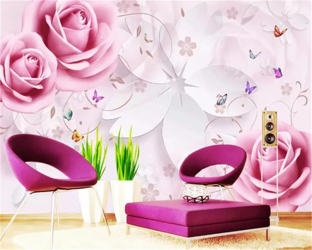 Özel Boyut 3D Duvar Kağıdı Gül Üç Boyutlu Çiçek Kelebek Uçan TV Arka Plan Duvar Dekorasyonu Duvar Resmi Duvar Kağıtları257G