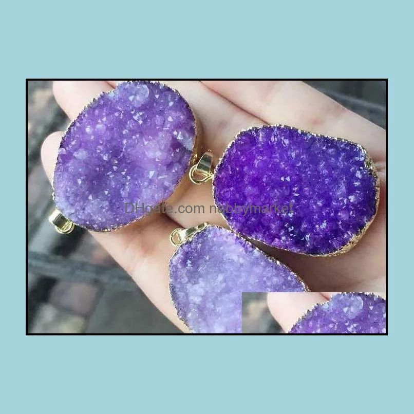 Fashion HOT 6pcs Gold plated Purple Nature Quartz Druzy Geode pendant, Drusy Crystal Gem stone connector Beads, Jewelry findings