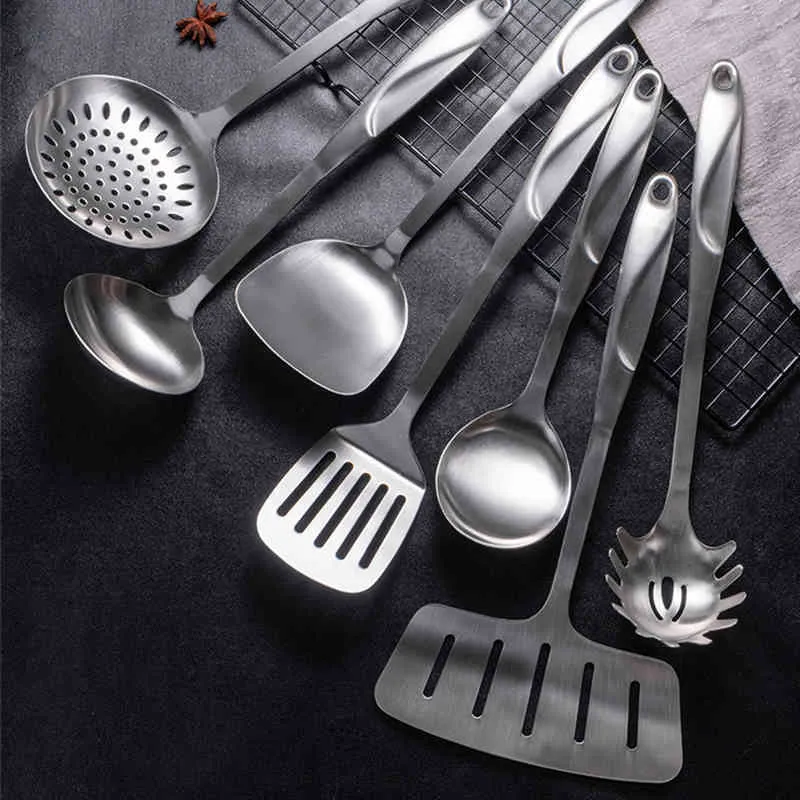 7st / set 304 Rostfritt stål köksredskap Köksredskap Utsätter Set Colander Spatula Shovel Spoon Matlagningsverktyg Kök Tillbehör 210326