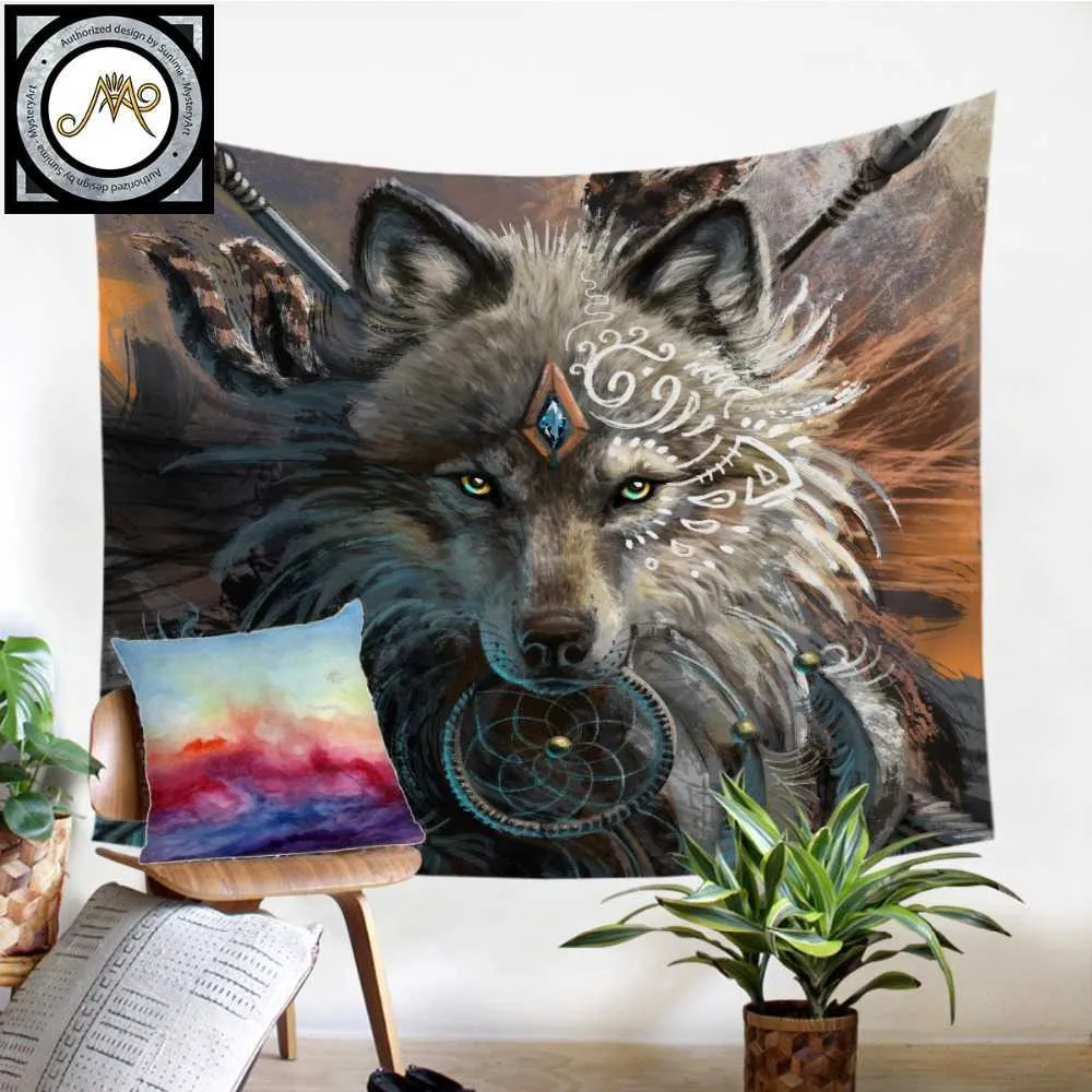 Guerreiro por Sunimaart Parede Pendurado Folhas Animais Tribais Wolf Tapestry Home Decor Beach Cat Dreamcatcher Bedlinen