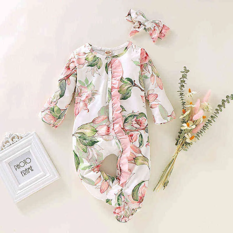 Roupa de bebê recém-nascido 0 3 6 9 meses Vintage Floral Algodão Lace Ruffle Infant Romper Primavera Baby Girl Jumpsuit Set Outfit G1221