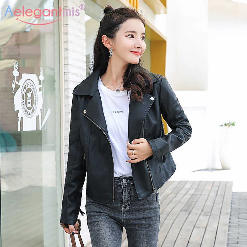 Aelegantmis Autumn Slim PU Leather Jacket Women Casual Short Soft Faux Biker Ladies Fashion Zipper Basic Coat 210607