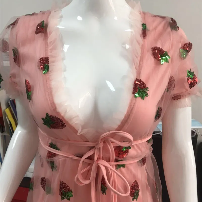 Strawberry V-Neck Strawberry Dress with Deep V Pleated Sleeves, Sweet Voile Mesh, Sequins Embroidery, and French Party Style for Women - Stock Fashion