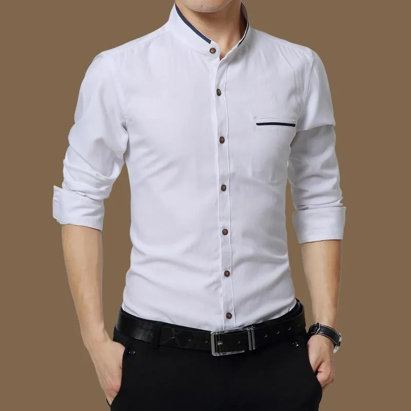 白いシャツの男性秋の長袖のビジネス作業作業メンズドレスシャツマンダリンカラーケミェーズホムポケットカジュアル通気性カミシャ210524
