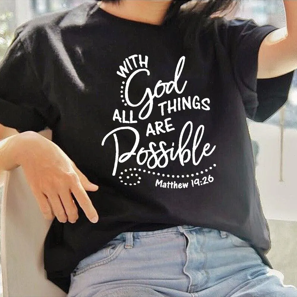 Con Dios todas las cosas son posibles, camiseta cristiana para mujer, Camisetas con gráficos religiosos, Tops femeninos de fe, ropa de verano, Camisetas