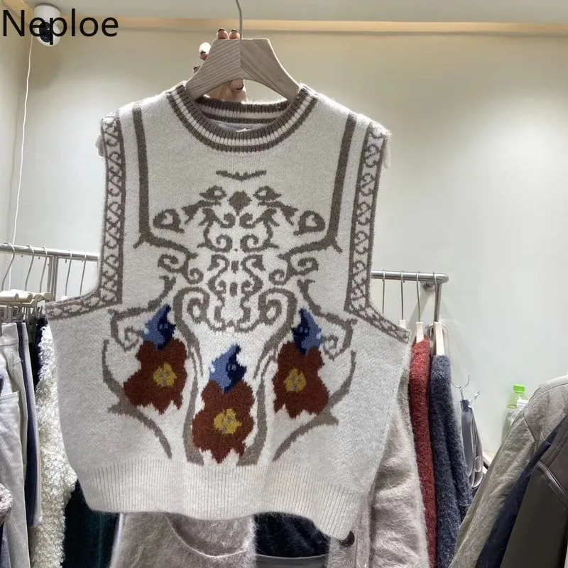 Neploe Kış Giyim Kadın Kazak Yelek Vintage Nakış Örme Kazaklar Ceket Gevşek Mizaç Chic Yelek Tops 4G469 210422