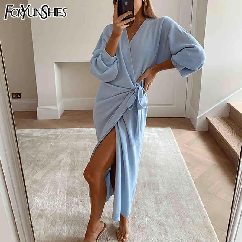 Foryunshes Kobiety Dzianiny Długie Wrap Dress 2020 Jesień Zimowa Oversize Eleganckie Suknie Home Sexy V-Neck Knit Robe Damskie Odzież X0521