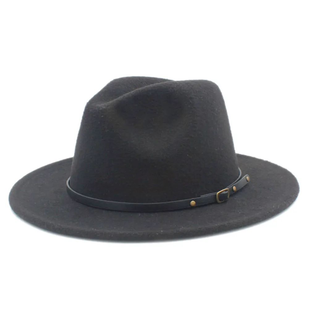 Vintage Unisex Wool Blanda Panama Hat Gangster Trilby Fedora Wide Brima Sombrero Godfather Cap Church Party Caps med bältesspänne