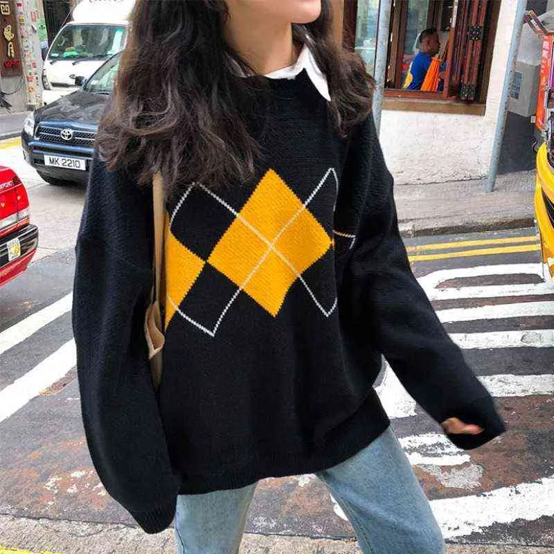 Women Knit Sweater Fashion Oversized Pullovers Ladies Winter Loose Korean College Style Jumper Plaid 16691 220104